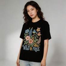 Women's Casual Wild & Free Floral Print Cotton Blend T-Shirt, Vintage Inspired Short Sleeve Top With Medium Stretch For Everyday Wear - 黑色 - 查看 2