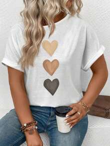 Plus Size Women's Spring/Summer Casual T-Shirt With Round Neck, Short Sleeves, Ribbed Cuffs, And Gradient Heart Print. Y2K Style,  Style, Newest 2026 Style, Cute Style, Casual Style. 180g (Sizes S-XXXL) - 白色 - 查看 4
