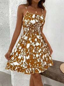 mini con estampado floral vintage, tirantes, versátil y estilizador, ideal para vacaciones - Caqui 2 - Ver 6