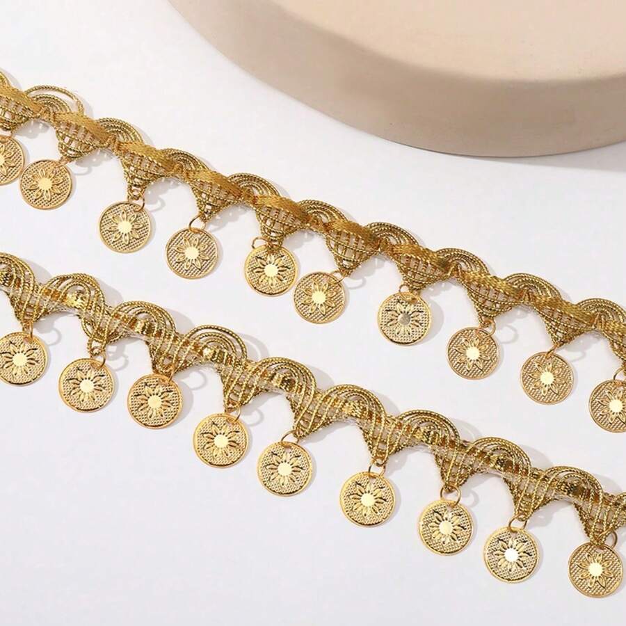 2 Yards 3.5 Cm Width Gold Pendant Lace Ribbon Trims Fringes Sewing Diy Accessories Craft Materials Arts And Crafts Dress - Multicolor - View 1