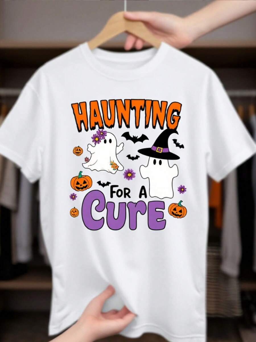 Camiseta de manga corta blanca de las mujeres - embrujando un diseño impreso con murciélagos y murciélagos, tela elástica suave, cuello redondo de uste suelto, top casual lavable en máquina de toda la tempor, camiseta de declaración de Halloween y todos los días, camiseta gráfica cómodara la conciencia del cáncer