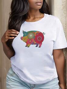 OversizeRopa de mujer de talla grande, camiseta casual de talla grande para mujer, diseño de cerdito colorido - mangas cortas, cuello redondo, transpirable - adecuada para uso casual diario, linda. - Blanco - Ver 5