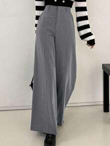 Pantalones anchos de pierna ancha casuales de unicolor para mujer, pantalones de vestir para mujer - Gris Claro - Ver 12