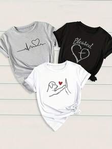 Women's Casual One-Piece Summer T-Shirt With Heart And Dog Print, Short Sleeve, Round Neck. - 黑色 - 查看 8