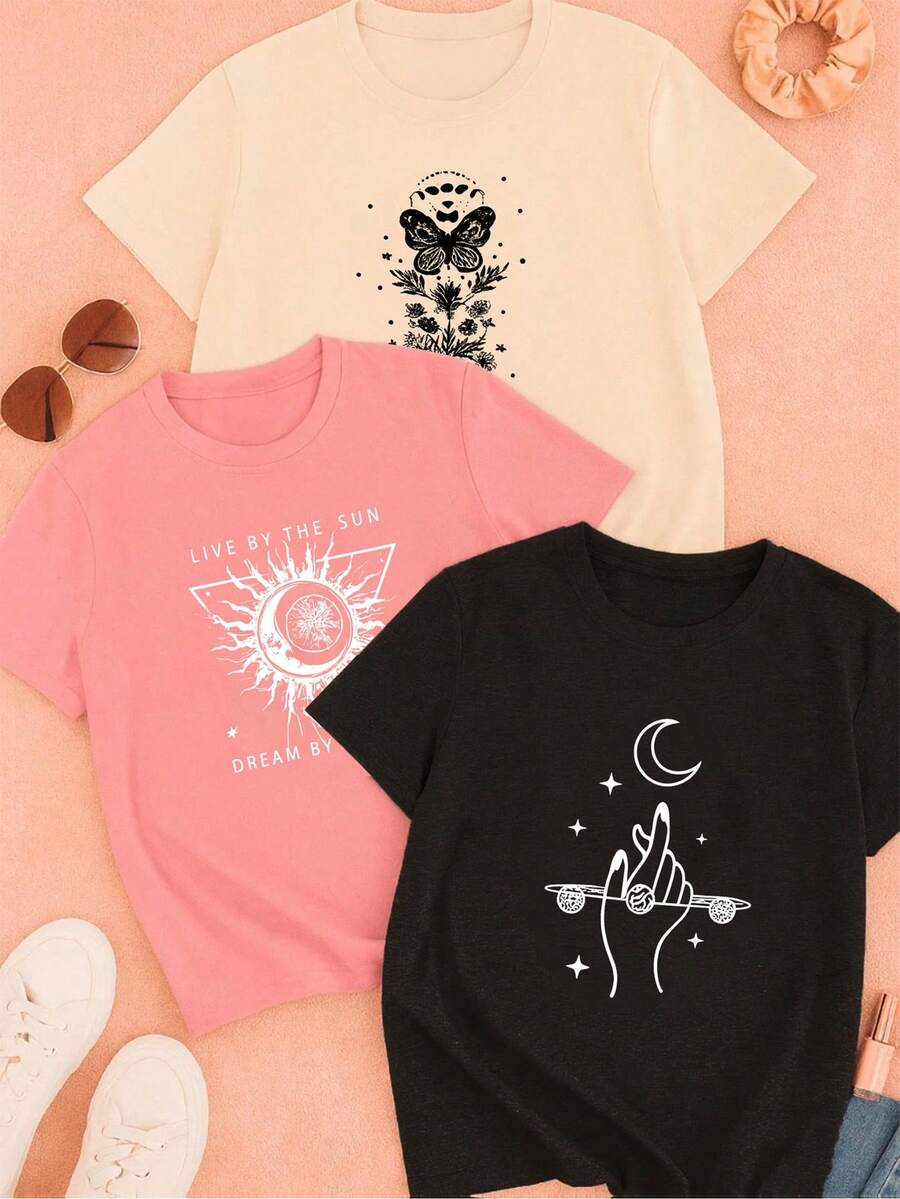 Camiseta casual de mujer con estampado de luna y cuello redondo de una sola pieza - Albaricoque - Ver 1