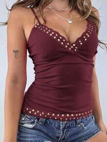 Top de tirantes finos estilo Y2K, de color sólido, sin espalda, ajustado y sexy, con encaje, estilo urbano para graduaciones, ideal para la playa en verano, citas, festivales de música, 4 de julio y más ocasiones informales. - Burdeos - Ver 8