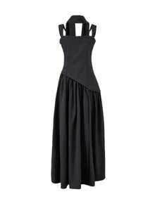 Elegant Women's Strapless Dress With Scarf, Unique Design, High Slit, Pleated, Fitted Waist, And Full Skirt - 黑色 - 查看 4