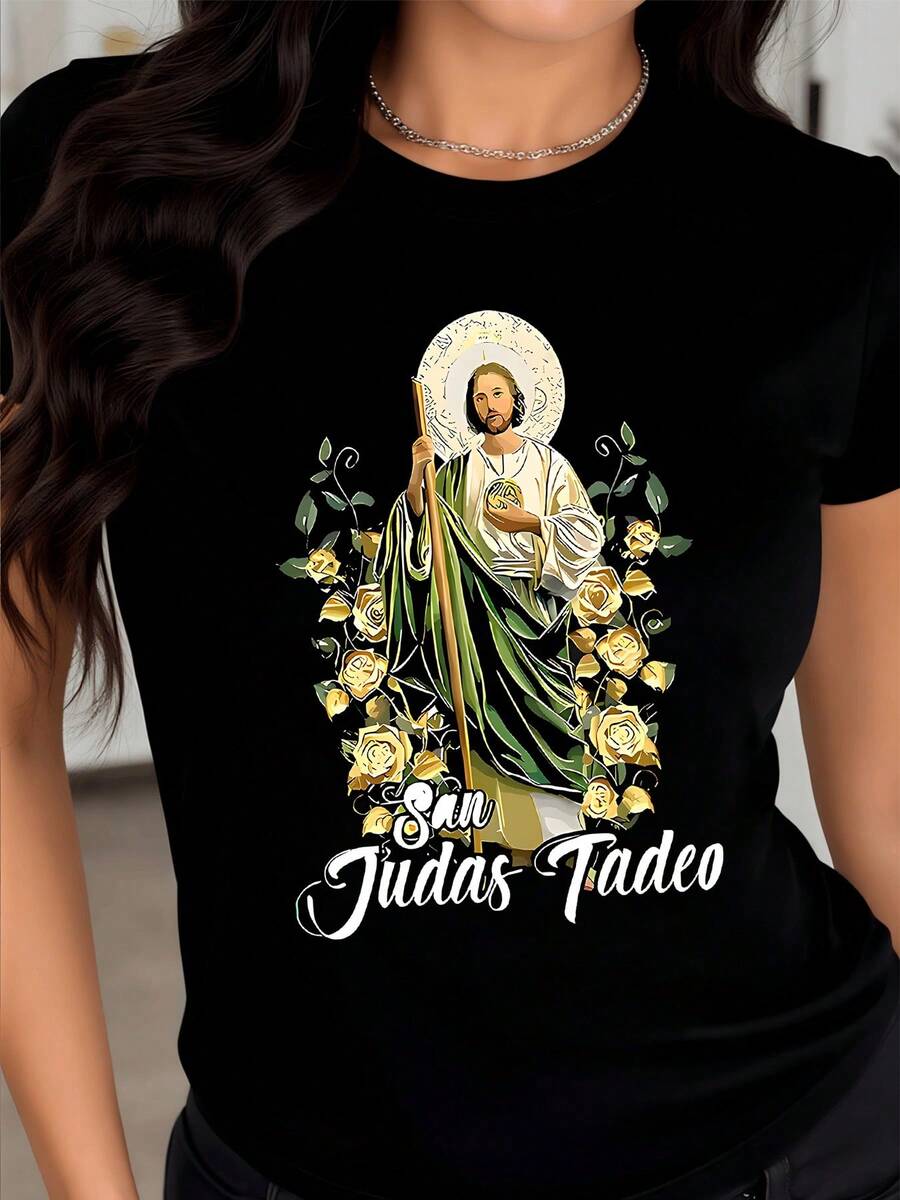 Sacred Figure Surrounded By Golden Flowers Symbolizing Hope, Prosperity, And Spiritual Protection, Inspiring Faith And Positive Energy. Women's Casual, Modern, Comfortable T-Shirt For Everyday Wear. - 黑色 - 查看 1