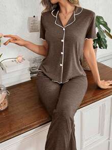 Mono de verano de punto ligero y suelto con volantes, de tela roja, de estilo casual y holgado para mujer - Marrón - Ver 6