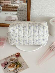 Black Floral Pattern Minimalist Cosmetic Bag, Portable Cute Makeup Pouch For Students And General Use - Multicolor - View 6