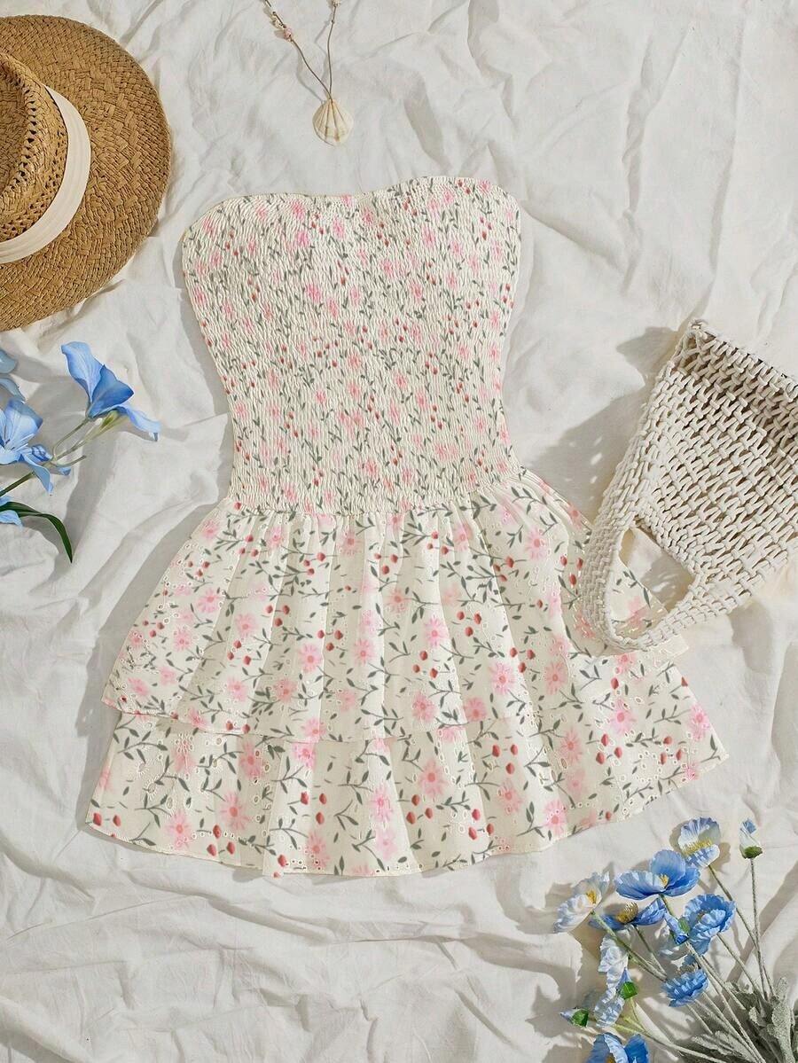 Vestido azul marino con cintura ceñida, plisado, sin tirantes, sexy, calado, con bordado y dobladillo fruncido, estilo vacaciones - Multicolor - Ver 1