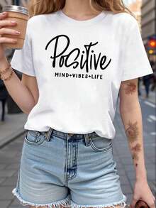 Plus Size, Women's Plus Size T-Shirt With Positive Phrases Print - Short Sleeve Blouse With Round Neck, Suitable For Spring And Summer, Casual Blouse With Mindfulness Phrases Print, Brand Casual Clothing, Machine Washable Tunic For Office Or Lounging. - 白色 - 查看 1