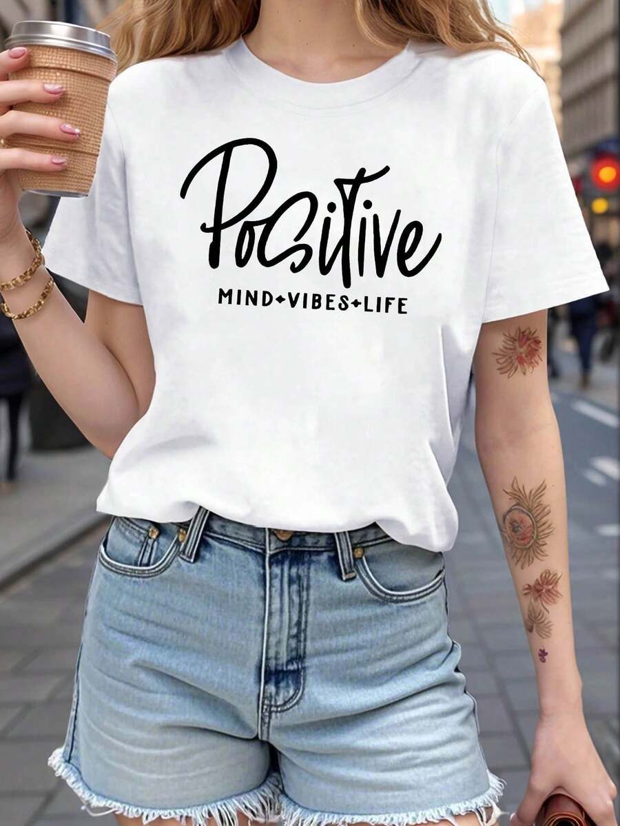 Plus Size, Women's Plus Size T-Shirt With Positive Phrases Print - Short Sleeve Blouse With Round Neck, Suitable For Spring And Summer, Casual Blouse With Mindfulness Phrases Print, Brand Casual Clothing, Machine Washable Tunic For Office Or Lounging. - 白色 - 查看 1