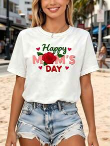 1 camiseta de mujer con estampado "Feliz Día de la Madre", de manga corta y cuello redondo, estilo casual, corte holgado y cómodo, ideal como regalo para el Día de la Madre, para uso diario en primavera/verano. - Blanco - Ver 7