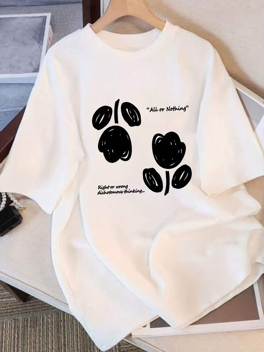 Women's Pure Cotton T-Shirt, Short Sleeve, With Unique Printed Design, Casual Minimalist Style, New Summer T-Shirt With Loose Fit And Slimming Effect For Students And Ladies - 白色 - 查看 1