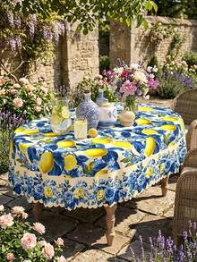 1pc Blue Lemon Floral Print Tablecloth Rectangular Table Cover Mediterranean Style Polyester Fabric Waterproof Oilproof Tablecloth Lemon Pattern Blue Flower Table Cloth Elegant Vintage Farmhouse Table Cover For Dining Table Kitchen Table Outdoor Patio Garden Picnic Party Wedding Holiday Summer Spring Home Decor - Multicolor - View 13