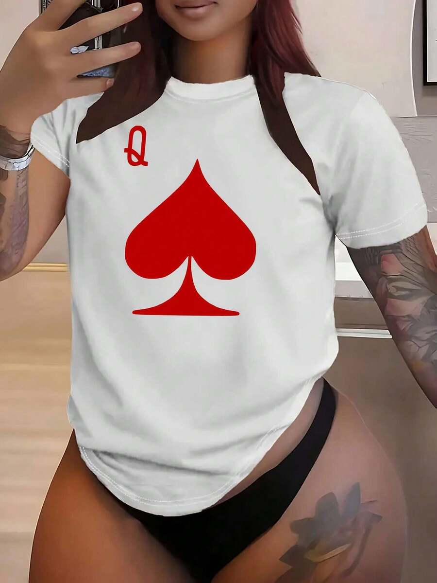 Camiseta de cuello redondo para mujer con estampado gráfico de Poker Queen - Manga corta casual, transpirable, lavable a máquina - Perfecta para primavera y verano Y2k Camiseta Camisa De - Negro - Ver 1