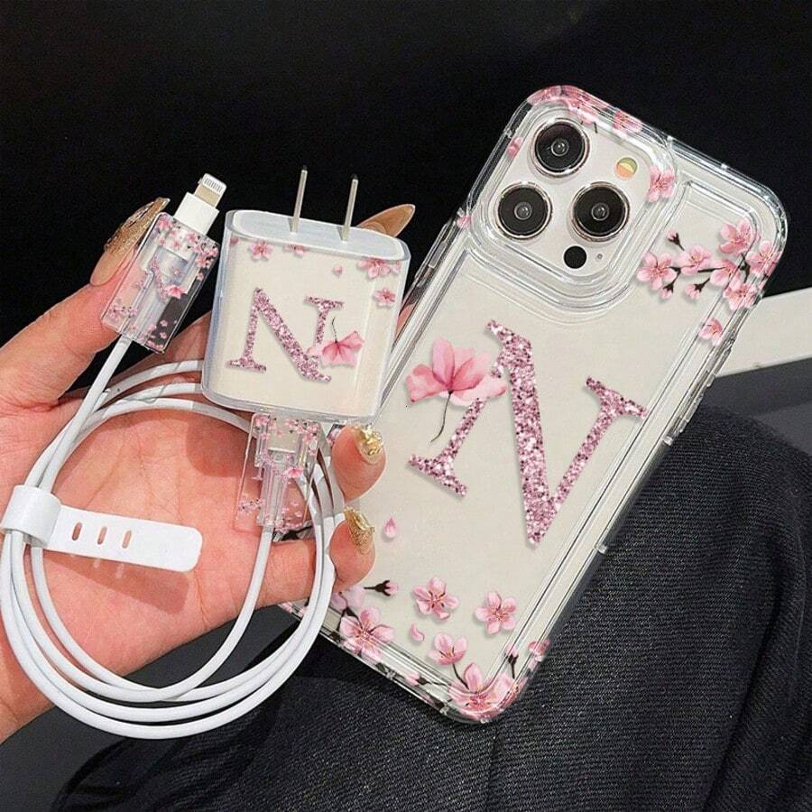 Juego de 5 en 1 de funda protectora con diseño de flor y letra N: Funda de teléfono + Cubierta del cargador + Protector de cable + Organizador de cable, Funda de teléfono de TPU a prueba de golpes compatible con Apple 16, 15, 14, 13, 12, 11 Pro Max - Multicolor - Ver 1