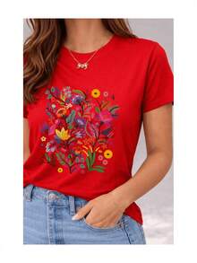 Soft 100% Cotton Women's Short-Sleeved T-Shirt With Multicolored Garden Floral Print, Botanical Wildflowers, Exotic Foliage, Casual Style, Breathable, Goes With Everything, Great. - 紅色 - 查看 2