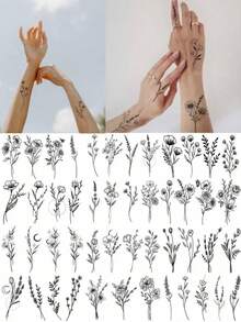 1片隨機款式小枝條與黑色花朵女性臨時紋身貼紙，野花主題包含薰衣草與甜豌豆，適合成人臉部、手部、頸部及身體藝術裝飾，臨時紋身貼紙可維持2週，亮粉紋身圖案，多款精美亮粉紋身圖案，女性專屬臨時紋身 - 黑色 - 查看 4