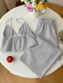 2 piezas Conjunto casual de vacaciones con rayas tejidas amarillas para mujer, /verano - Gris - Ver 2