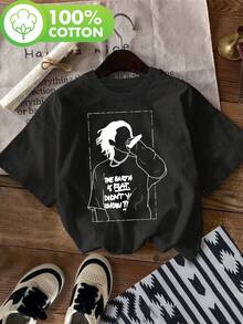 A Faceless Black "A" Sings: The Earth Is Flat, Didn't You Know? Printed T-Shirt, Casual Short Sleeve Crew Neck Top, For Summer And Spring, Women's Clothing, Comfortable Cotton T-Shirt - 黑色 - 查看 6