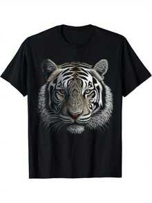 Camiseta Negra con Estampado Gráfico de Cara de Tigre - Estilo Casual Simple - 100% Algodón Puro - Suave y Cómoda, Cuello Redondo, Manga Corta, Top de Moda Urbana para Todas las Temporadas, Ropa Casual de Calle| Camiseta de Cuello Redondo Y2k - Negro - Ver 1