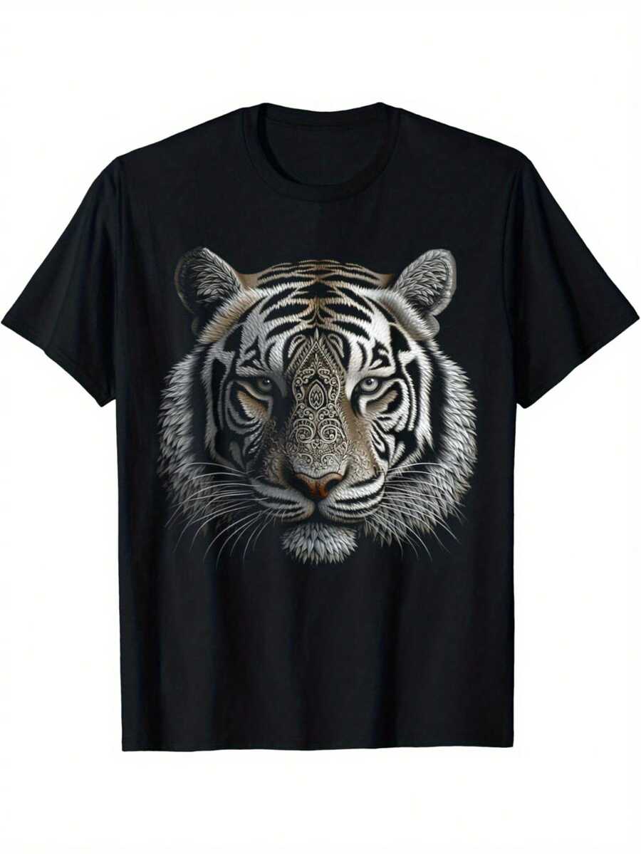 Camiseta Negra con Estampado Gráfico de Cara de Tigre - Estilo Casual Simple - 100% Algodón Puro - Suave y Cómoda, Cuello Redondo, Manga Corta, Top de Moda Urbana para Todas las Temporadas, Ropa Casual de Calle| Camiseta de Cuello Redondo Y2k - Negro - Ver 1