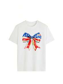 1 pieza Camiseta de cuello redondo con estampado de la bandera americana en acuarela - Viral, linda, estética, esencial para el estilo callejero |   Diseño de la bandera estadounidense en acuarela suave, resalta fácilmente el estilo patriótico femenino. |   Imprescindible para el 4 de julio, las vacaciones de verano y el uso diario |   Camiseta Blanca que Combina Orgullo Nacional y Encanto Elegante Casual 180g 100% Algodón - Blanco - Ver 3