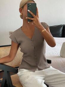 Cárdigan casual de verano para mujer, de unicolor, ajustado, de cuello en V, elástico y delgado - Gris - Ver 4