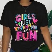 Camiseta de calle con estampado de música de los 80 y 90, talla grande para mujer, con gráficos retro de fiesta de los 80 y 90, tejido de alta elasticidad 2026 - Negro - Ver 7