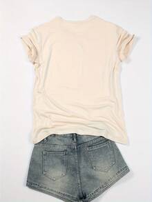 Camiseta de mujer de cuello redondo, manga corta casual, con creencia religiosa, ramo de letras simples, camiseta de manga corta con estampado de moda para primavera y verano - Albaricoque - Ver 2