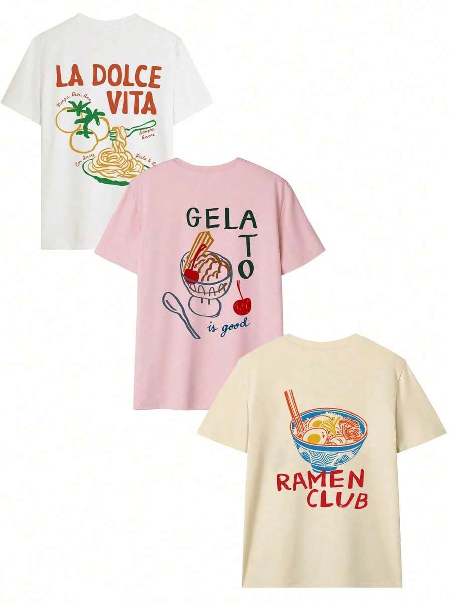 1 Piece/Set Of Short Sleeve T-Shirt With Round Neck, Hand-Painted Ramen Combined Print, Minimalist Summer Style, Versatile And Fashionable Casual Wear For Women. - 杏色 - 查看 1