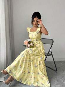 Elenzya Vestido con cintura fruncida y estampado floral para mujer, adecuado para ir a trabajar, salir, picnic, cita de San Valentín, resort de spa, fiesta en la playa, viajes y ocio - Amarillo claro - Ver 7