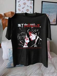 1 camiseta gráfica de  "Three Cheers for Sweet Revenge" para mujer - Estampado de silueta de pareja gótica punk negra, camiseta casual de cuello redondo para conciertos, festivales, cumpleaños y regalos (lavable a máquina), regalo de cumpleaños, moda atrevida, material suave, merchandising de la banda, para fans de la música, camiseta Y2k. - Blanco - Ver 10
