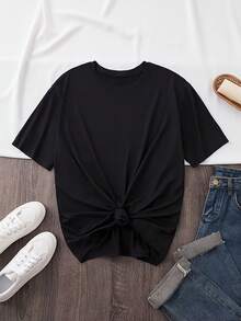 New Fashionable Women's T-Shirt, 1 Piece Set, Western Style With Cow Skull Print, Round Neck, Plus Size, Pure Cotton Summer T-Shirt, Loose Fit And Slimming, Local Delivery, Machine Washable, Fashionable Casual Top. - 黑色 - 查看 2