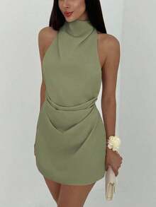Vestido mini plisado de mujer con espalda abierta y atado - verde menta - Ver 5