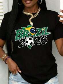Brazil 2026 World Cup Fan T-Shirt, Plus Size, White, Unisex, Cotton, For Men And Women, Gift For Football Event Celebrations, Casual Short Sleeve Crew Neck T-Shirt With World Cup Graphics For Women - 黑色 - 查看 7
