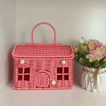 1 Covered Woven Home Style Storage Basket - Durable Plastic Rattan-Style Storage Container, Cottage Woven Design, Suitable For Indoor And Outdoor Use,H Hidden Lid, For Storing Blankets, Groceries - Home Decor Storage Basket, Suitable For Bookshelves, Wall Shelves, Etc. - Xem 10