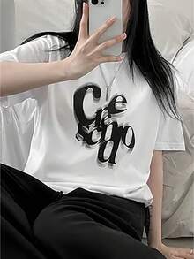 Women's Y2K Style White T-Shirt - Short Sleeve Loose Fit With Bold Letter Print, Casual Summer Top, Ladies' T-Shirts - 白色 - 查看 2