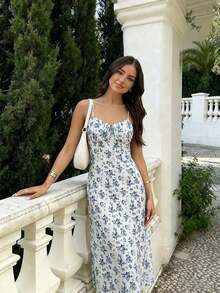 Vestido de verano casual y elegante de línea A con espalda descubierta para vacaciones para mujer - Azul y blanco - Ver 3