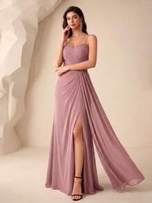 UNITHORSE Vestido de dama de honor con tirantes finos y abertura alta de unicolor minimalista para boda - Rosa vieja - Ver 3