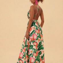 TRVLCHIC Mother's Day Tropical And Floral Printed Spaghetti Strap Backless Dresses For Women,Mother's Day Gift Ideas, Gift From Daughter,Summer Clothes,Beach Outfits For Woman,Rave Outfits Festival,Tropical Vacation, Bohemian Outfits, Ibiza Outfits, Western Style - Albaricoque - Ver 10
