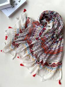 1pc Tropical Print Pattern Unique Cute Beautiful Design Lightweight Versatile Spring/Summer Headscarf, Sunscreen Shawl, Travel & Holiday Accessory For Women - White - View 4