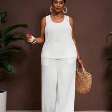 Slayr 2025 New Spring/Summer Plus Size Women's Vintage Western/Tropical/Music Festival/Club/Road Trip/Casual Street/City Vacation/Graduation Date/Elegant Vacation 2-Piece Set - Loose Sheer Textured Fabric U-Neck Sleeveless Tank Top With Elastic Waist Palazzo Pants - Azul menta - Ver 6