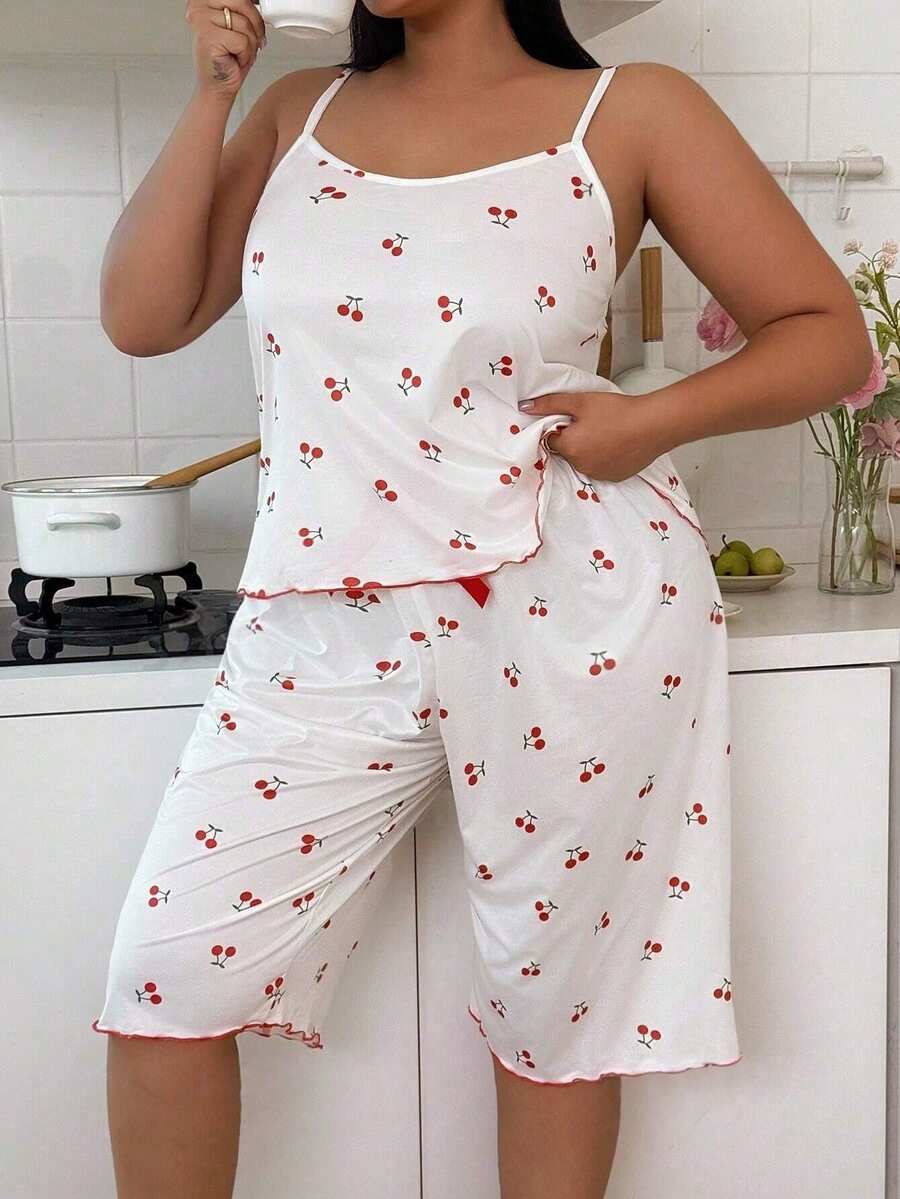 Plus Size Cherry Print Milk Silk Camisole & Long Pants Pajama Set For Women - White - View 1
