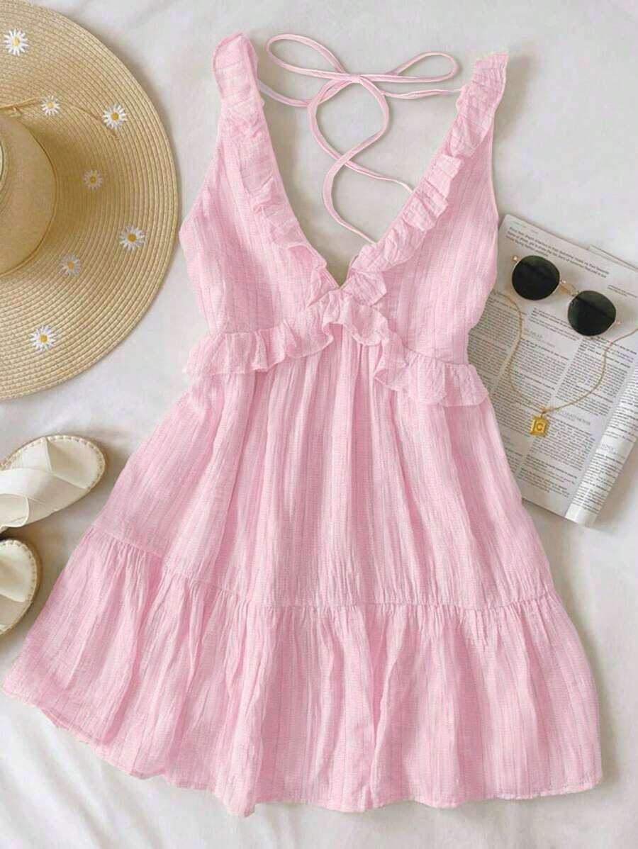 Vestido mini de mujer de color amarillo liso con volantes en los tirantes, de estilo casual de vacaciones, para verano - Rosa Pálido - Ver 1