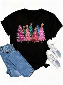 1 Women's Christmas T-Shirt - Graphic Tee With A Cheerful And Bright Christmas Tree Design, Santa Claus Print, Christmas Eve Graphic Tee, Unisex Festive Tee For Women And Men, Everyday Wear At Festivals, 180g 100% Cotton, Designs Are Fully Printed. Unisex. - 8 黑 - 查看 12