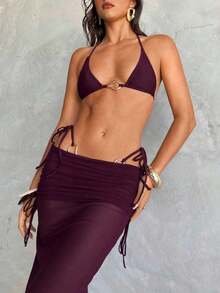 Conjunto de traje de baño de 3 piezas para mujer, sexy, elegante y romántico en colores vintage púrpura, burdeos y granate con decoración metálica, top halter de triángulo mini, Bottom tipo tanga mini y falda larga tipo pareo, conjunto de bikini de dos piezas para playa y resort de primavera/verano - Granada - Ver 5