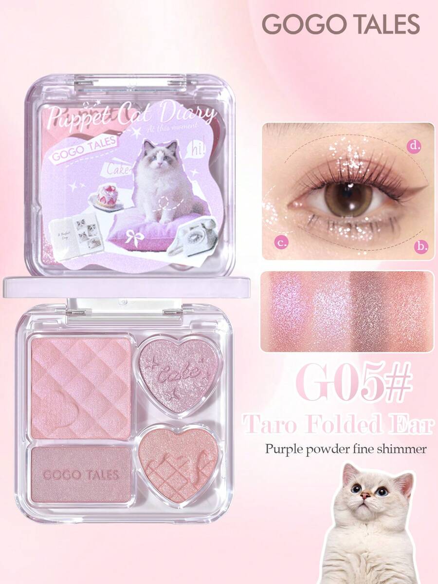 GOGO TALES GOGOTALES 四色眼影盘，自然日常色调，哑光和珠光质地，腮红和高光，适合淡妆，橘棕色、紫色、烟熏粉色，适合新手和日常妆容 - G05# Taro Folded Ear - 查看 1